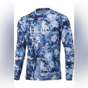 Men’s HUK Pursuit Vented Long Sleeve 30 UPF Fishing Shirt Blue/White Medium NWT